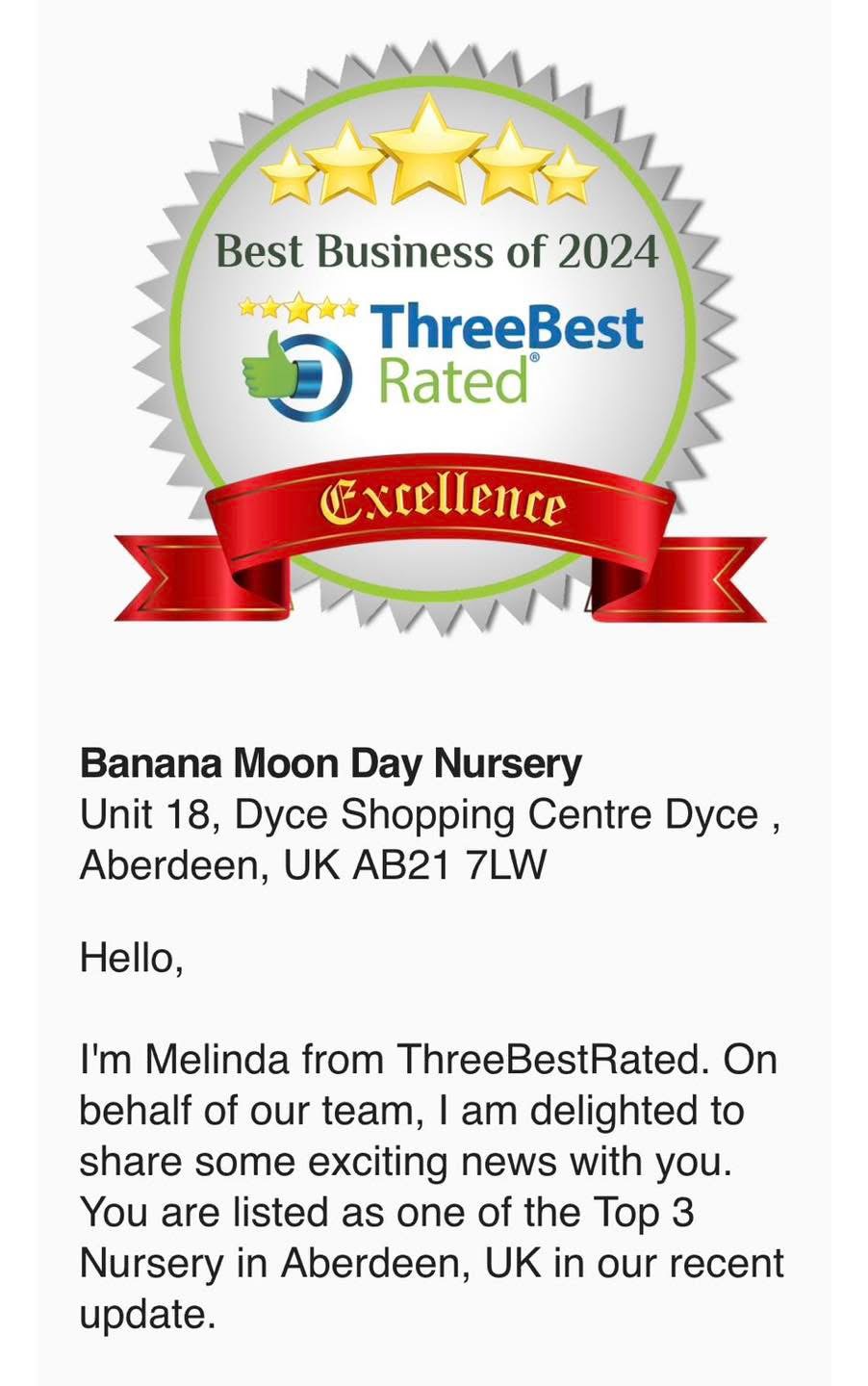 🏆 Banana Moon Dyce Ranked Top 3 Nursery in Aberdeen 2024! 🎉